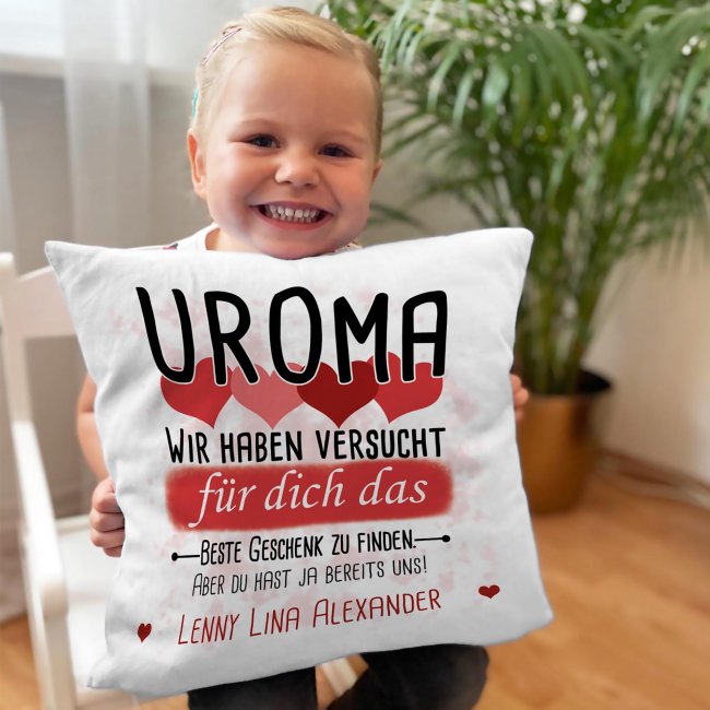 Kissen - Bestes Geschenk f&uuml;r Uroma von mehr Kindern - mit Wunschnamen in Rot - wei&szlig;-flauschig