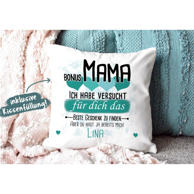 Kissen - Bestes Geschenk f&uuml;r Bonus Mama von einem Kind - mit Wunschname in T&uuml;rkis - wei&szlig;