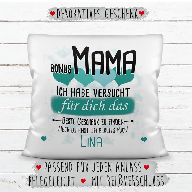 Kissen - Bestes Geschenk f&uuml;r Bonus Mama von einem Kind - mit Wunschname in T&uuml;rkis - wei&szlig;