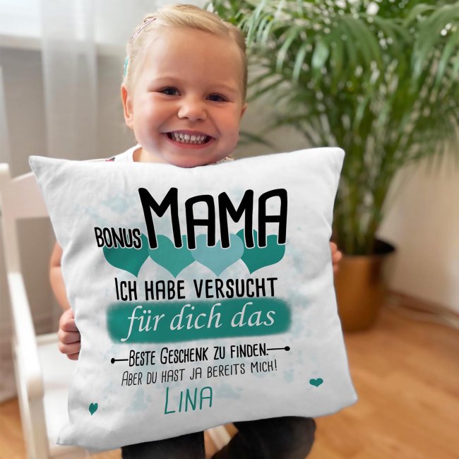 Kissen - Bestes Geschenk f&uuml;r Bonus Mama von einem Kind - mit Wunschname in T&uuml;rkis - wei&szlig;