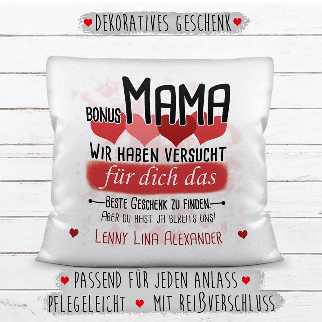 Kissen - Bestes Geschenk f&uuml;r Bonus Mama von mehr Kindern - mit Wunschnamen in Rot - wei&szlig;-flauschig