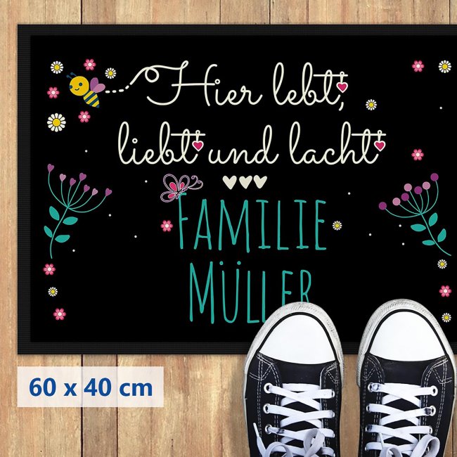 Fu&szlig;matte mit Spruch - Lebt Liebt Lacht - 3 Herzen wei&szlig; - 60 x 40 cm