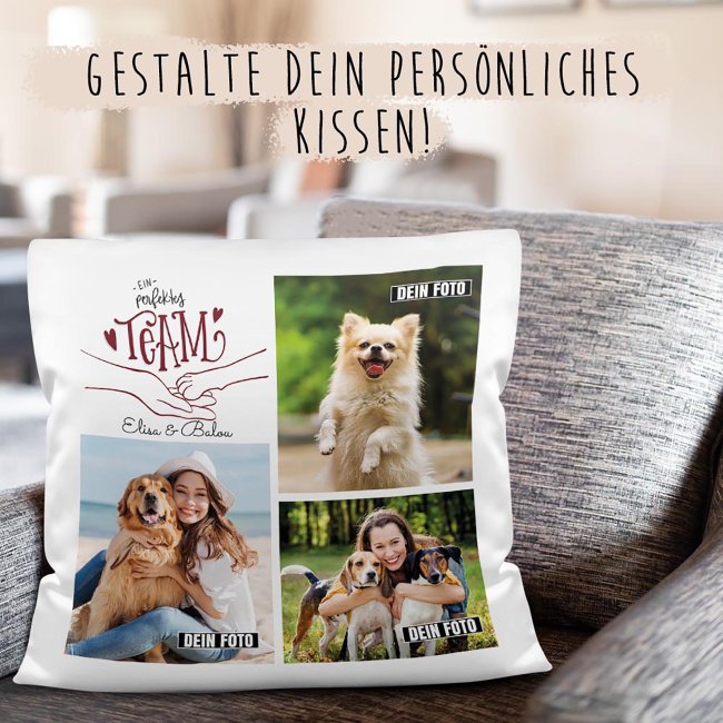 Kissen - Fotocollage - Team - mit drei Fotos und Text