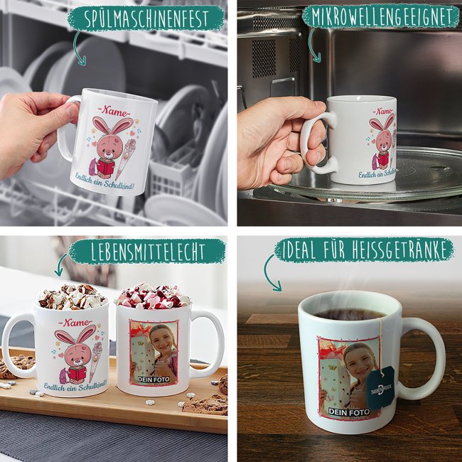 Tasse zur Einschulung f&uuml;r M&auml;dchen - Hase - mit Foto und Name