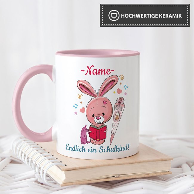 Tasse zur Einschulung f&uuml;r M&auml;dchen - Hase - mit Foto und Name