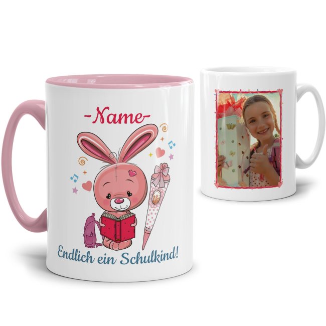 Tasse zur Einschulung f&uuml;r M&auml;dchen - Hase - mit Foto und Name