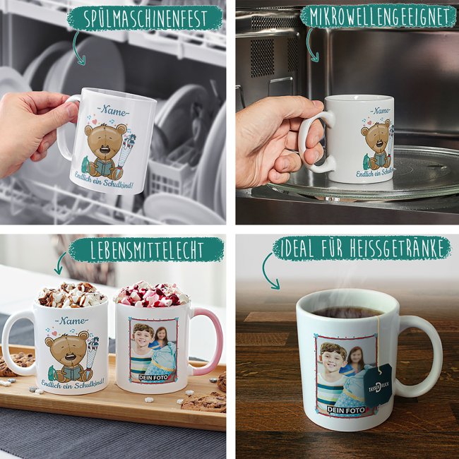 Tasse zur Einschulung f&uuml;r Jungen - Teddy - mit Foto und Name