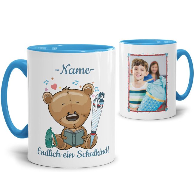 Tasse zur Einschulung f&uuml;r Jungen - Teddy - mit Foto und Name