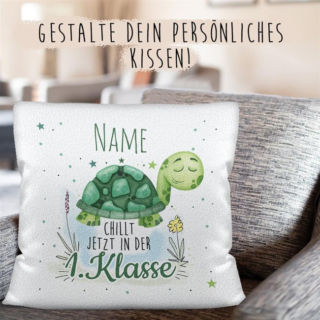 Kissen mit F&uuml;llung - Chillt in der 1. Klasse - Zur Einschulung - mit Wunschname - Kissen Polyester - Wei&szlig; flauschig