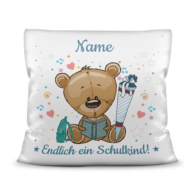 Kissen mit F&uuml;llung - Endlich ein Schulkind - Zur Einschulung f&uuml;r Jungs - Teddy - mit Wunschname -