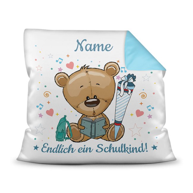 Kissen mit F&uuml;llung - Endlich ein Schulkind - Zur Einschulung f&uuml;r Jungs - Teddy - mit Wunschname - Farbkissen R&uuml;ckseite Hellblau