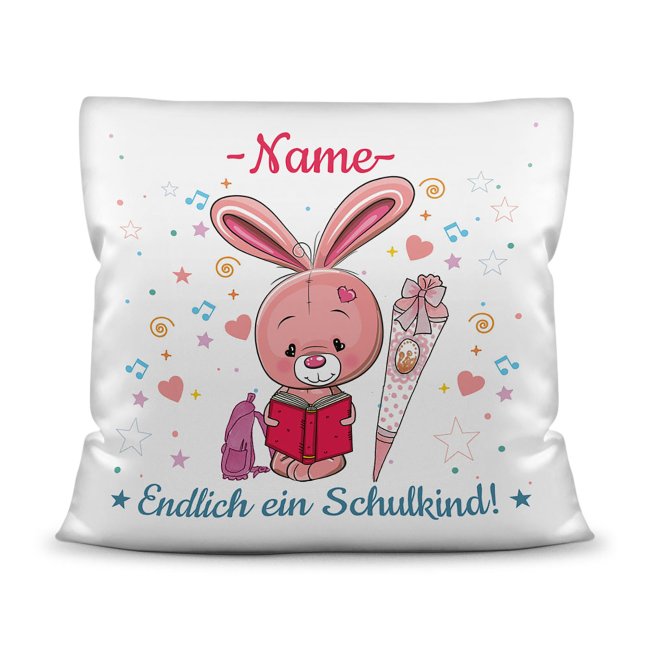 Kissen mit F&uuml;llung - Endlich ein Schulkind - Zur Einschulung f&uuml;r M&auml;dchen - Hase - mit Wunschname -