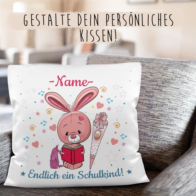 Kissen mit F&uuml;llung - Endlich ein Schulkind - Zur Einschulung f&uuml;r M&auml;dchen - Hase - mit Wunschname -