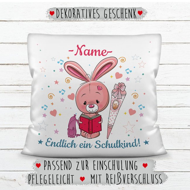 Kissen mit F&uuml;llung - Endlich ein Schulkind - Zur Einschulung f&uuml;r M&auml;dchen - Hase - mit Wunschname - Kissen Polyester - Wei&szlig;