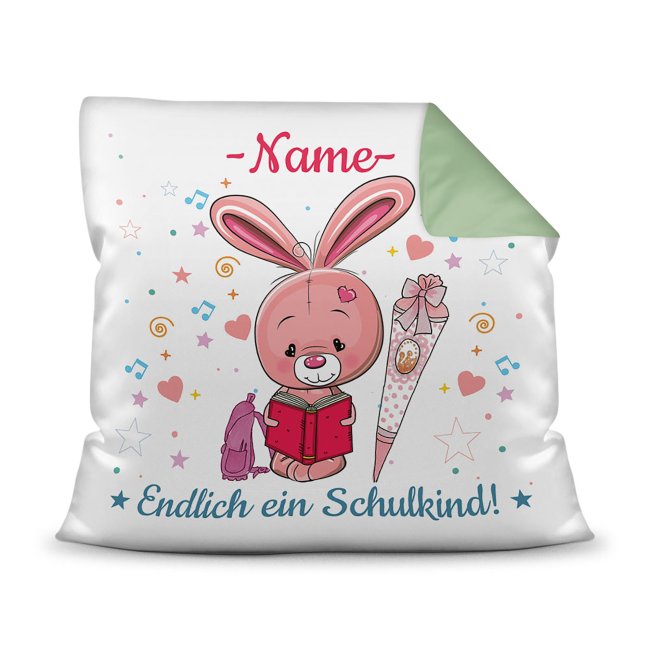 Kissen mit F&uuml;llung - Endlich ein Schulkind - Zur Einschulung f&uuml;r M&auml;dchen - Hase - mit Wunschname - Farbkissen R&uuml;ckseite Seegr&uuml;n