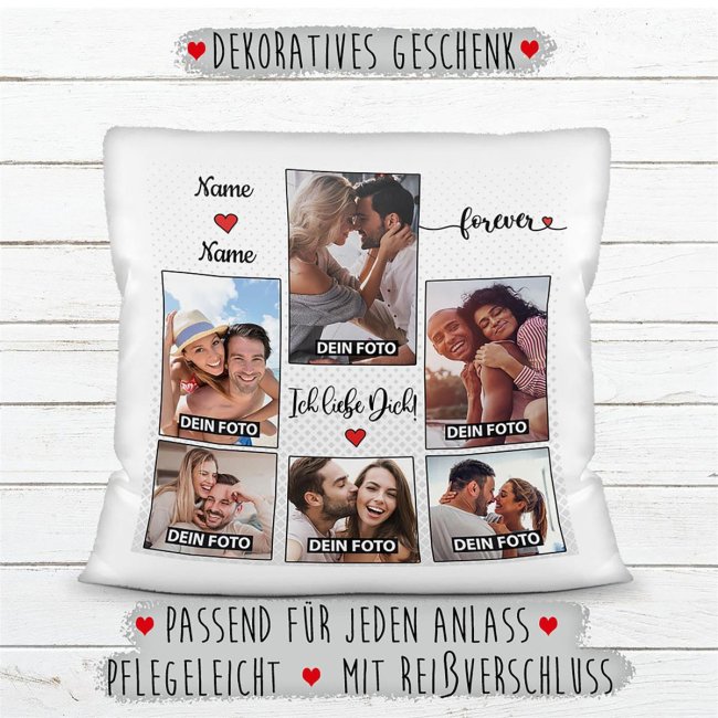 Kissen - Fotocollage - Ich liebe dich forever - mit Namen und sechs Wunschfotos - Kissen Polyester - Wei&szlig;