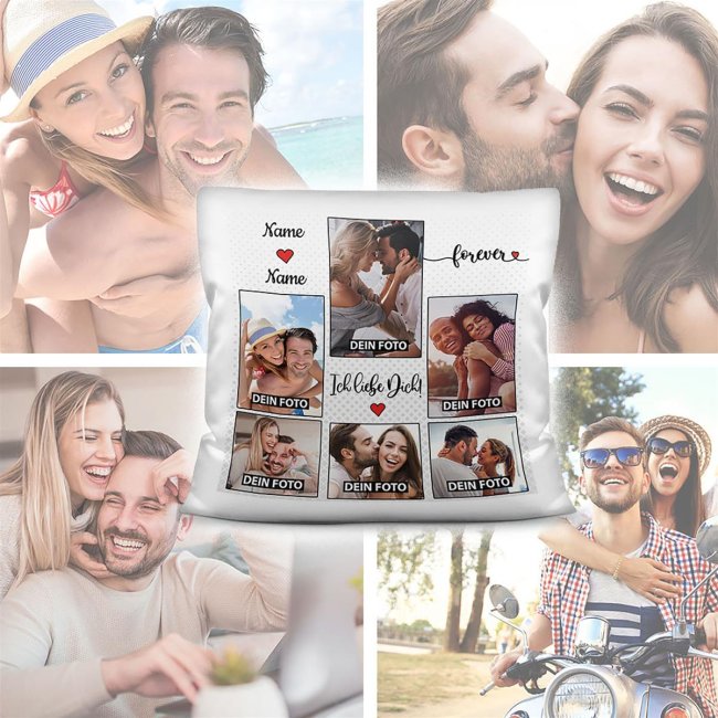 Kissen - Fotocollage - Ich liebe dich forever - mit Namen und sechs Wunschfotos - Kissen Polyester - Wei&szlig;