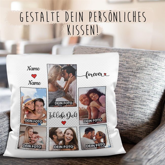 Kissen - Fotocollage - Ich liebe dich forever - mit Namen und sechs Wunschfotos - Kissen Polyester - Wei&szlig;