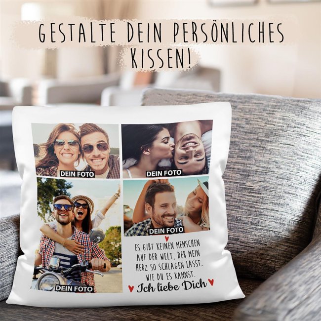 Kissen - Fotocollage und Spruch - F&uuml;r Verliebte &amp; Paare - mit vier Wunschfotos