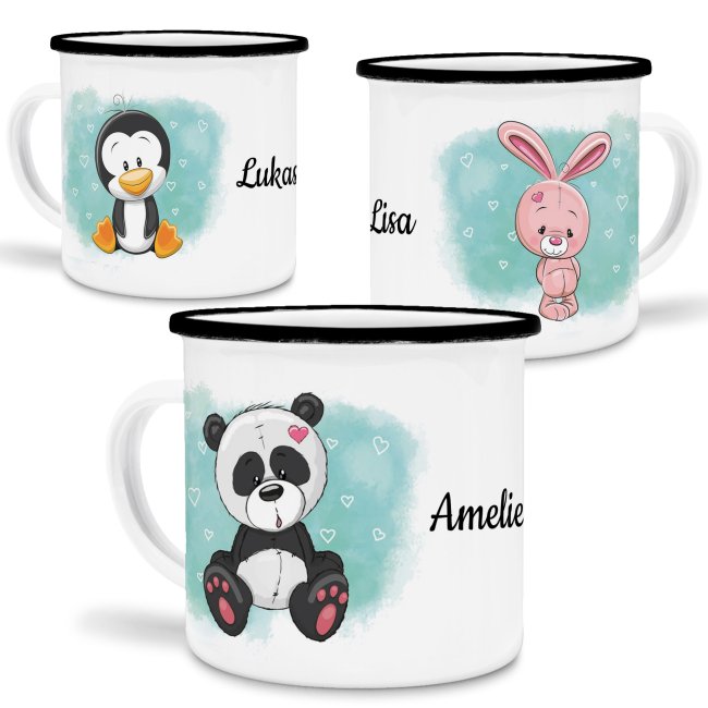 Kindertasse aus Emaille - S&uuml;&szlig;e Tiermotive - mit Wunschname personalisierbar