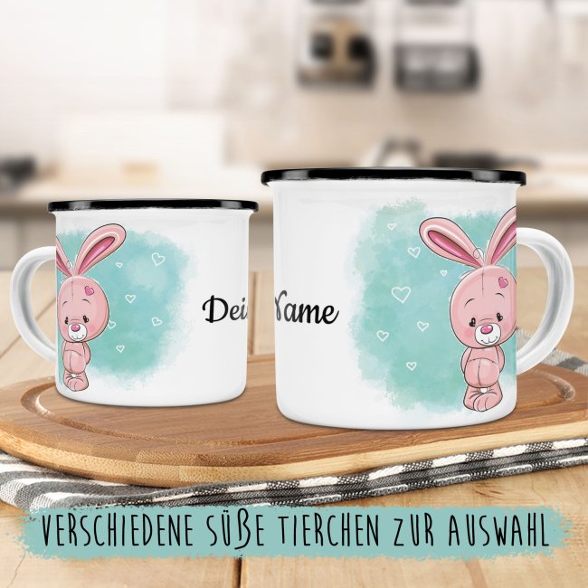 Kindertasse aus Emaille - Hase - mit Wunschname personalisierbar