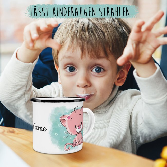 Kindertasse aus Emaille - Katze - mit Wunschname personalisierbar