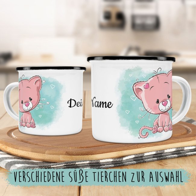 Kindertasse aus Emaille - Katze - mit Wunschname personalisierbar