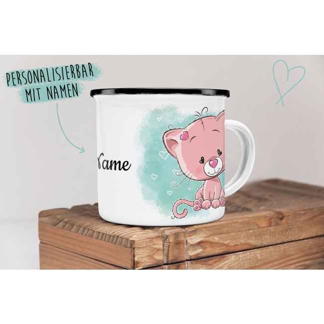 Kindertasse aus Emaille - Katze - mit Wunschname personalisierbar