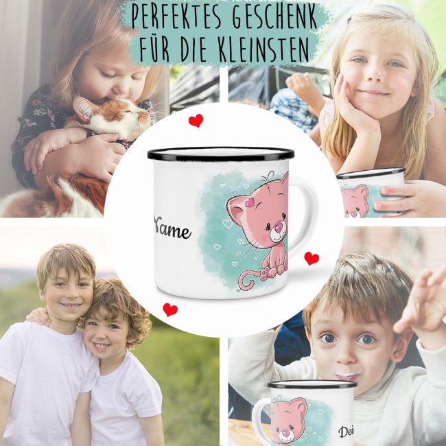 Kindertasse aus Emaille - Katze - mit Wunschname personalisierbar