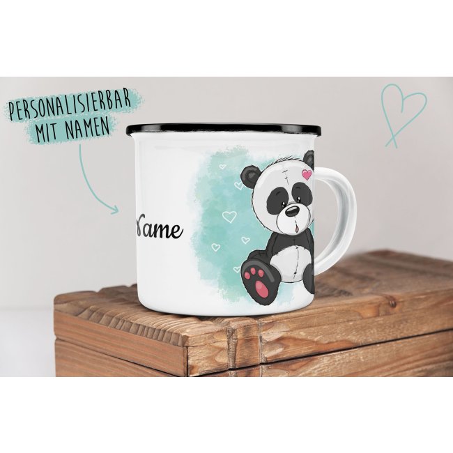 Kindertasse aus Emaille - Panda - mit Wunschname personalisierbar