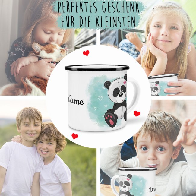 Kindertasse aus Emaille - Panda - mit Wunschname personalisierbar