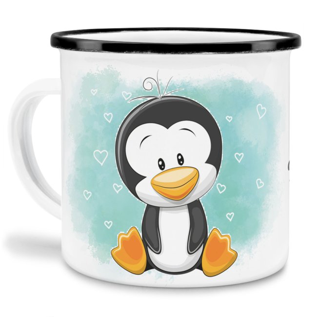 Kindertasse aus Emaille - Pinguin - mit Wunschname personalisierbar