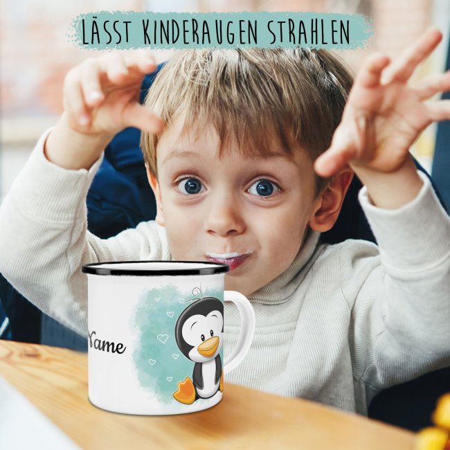 Kindertasse aus Emaille - Pinguin - mit Wunschname personalisierbar