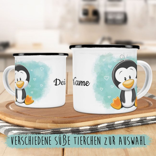 Kindertasse aus Emaille - Pinguin - mit Wunschname personalisierbar