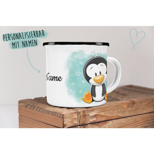 Kindertasse aus Emaille - Pinguin - mit Wunschname personalisierbar