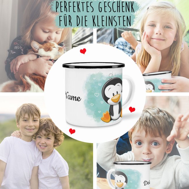 Kindertasse aus Emaille - Pinguin - mit Wunschname personalisierbar