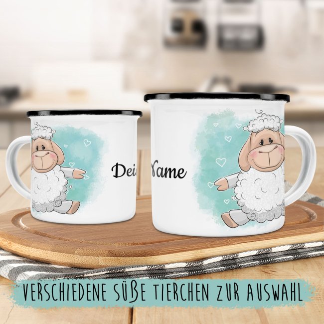 Kindertasse aus Emaille - Schaf - mit Wunschname personalisierbar