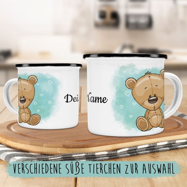 Kindertasse aus Emaille - Teddy - mit Wunschname personalisierbar