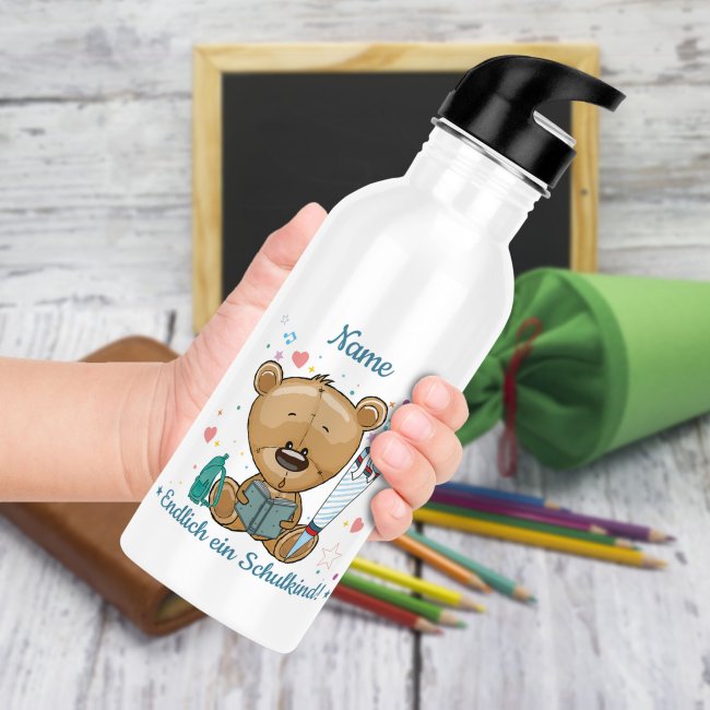 Trinkflasche mit Name zur Einschulung f&uuml;r Jungen mit Tiermotiv Teddy