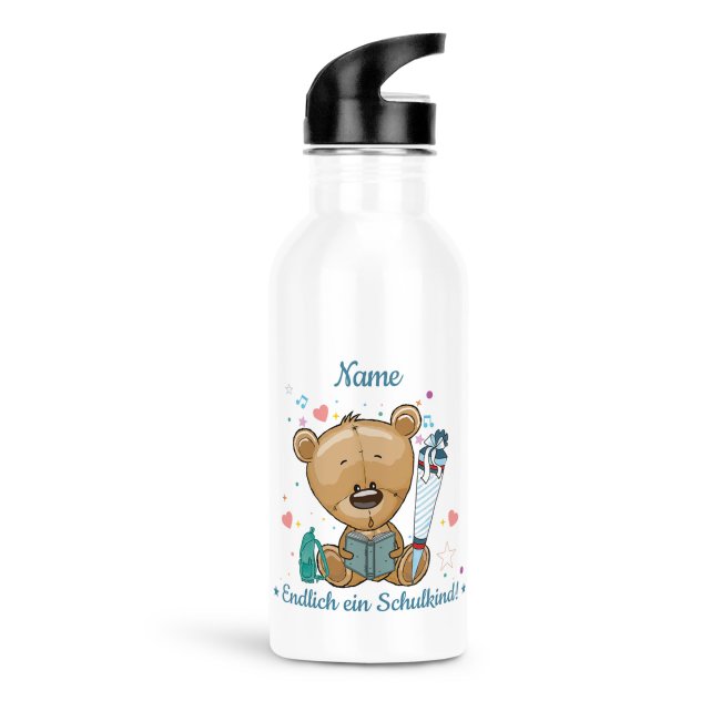 Trinkflasche mit Name zur Einschulung f&uuml;r Jungen mit Tiermotiv Teddy