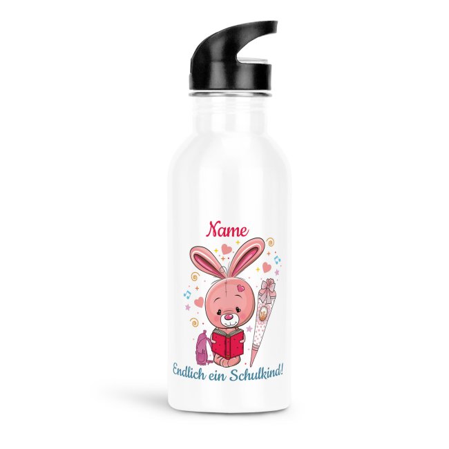 Trinkflasche mit Name zur Einschulung f&uuml;r M&auml;dchen mit Tiermotiv Hase - 600 ml