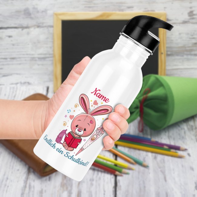 Trinkflasche mit Name zur Einschulung f&uuml;r M&auml;dchen mit Tiermotiv Hase - 600 ml