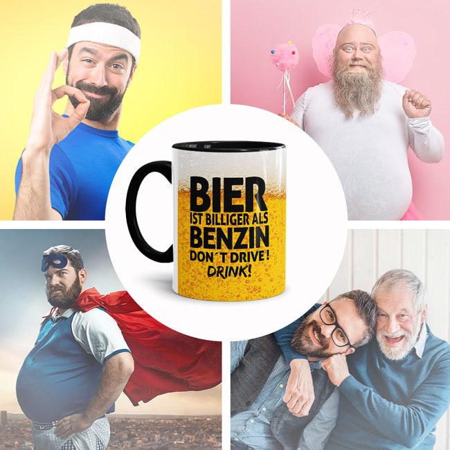 Bier Tasse mit Spruch - Bier ist billiger als Benzin. Dont drive! Drink! - Innen &amp; Henkel Schwarz