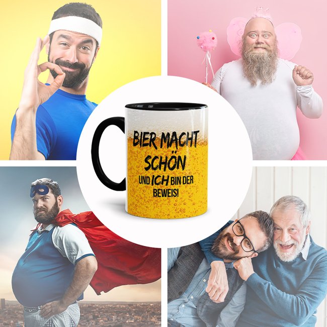 Bier Tasse mit Spruch - Bier macht sch&ouml;n und ich bin der Beweis! - Innen &amp; Henkel Schwarz