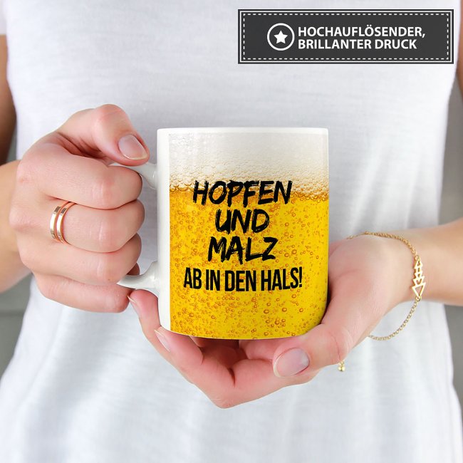 Bier Tassen mit Spruch - Hopfen und Malz ab in den Hals!