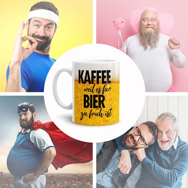 Bier Tasse mit Spruch - Kaffee, weil es f&uuml;r Bier zu fr&uuml;h ist - Wei&szlig;