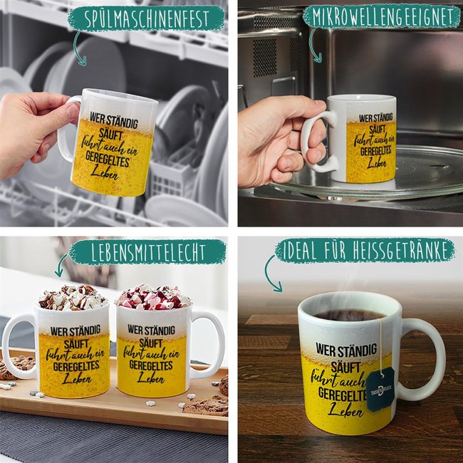 Bier Tasse mit Spruch - Wer st&auml;ndig s&auml;uft f&uuml;hrt auch ein geregeltes Leben - Innen &amp; Henkel Schwarz