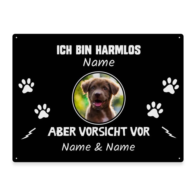 Outdoorschild mit Spruch - Ich bin harmlos, aber Vorsicht vor - mit Foto &amp; Name