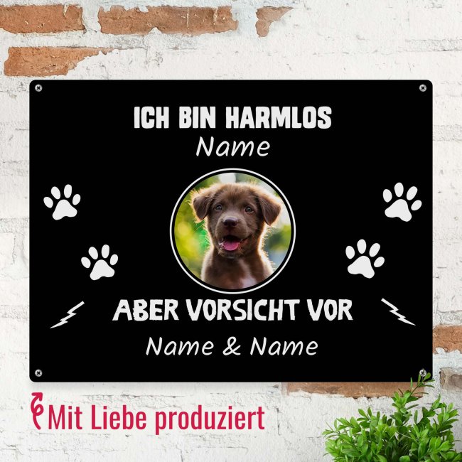 Outdoorschild mit Spruch - Ich bin harmlos, aber Vorsicht vor - mit Foto &amp; Name