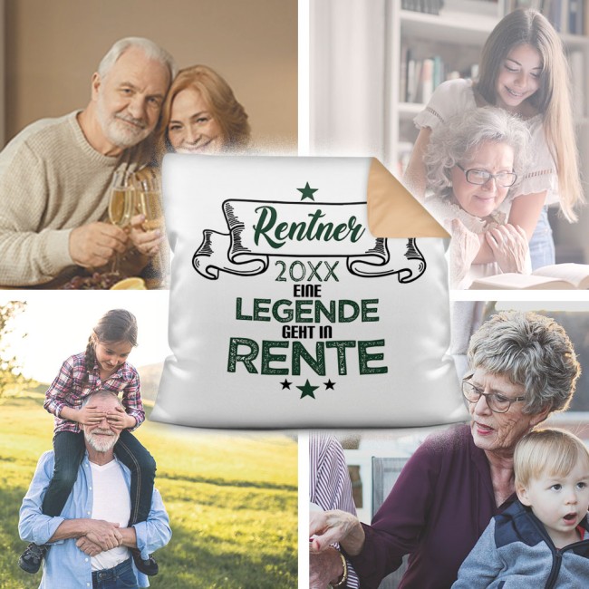 Kissen mit Jahreszahl - Ruhestand - Eine Legende geht in Rente - R&uuml;ckseite Beige